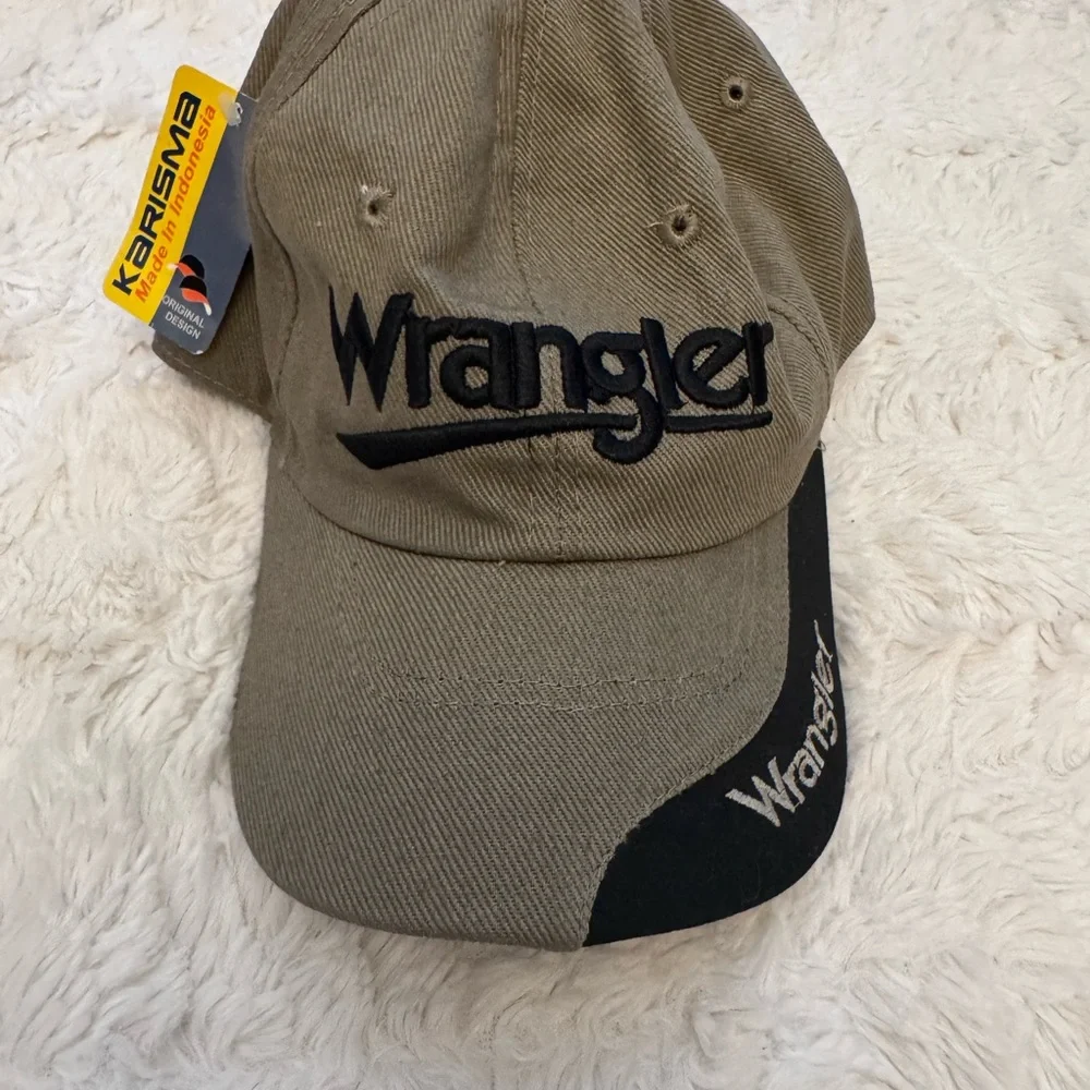 Vintage Wrangler Tan & Black Logo Ball Cap | Y2K 90s–2000s Made in Indonesia NWT